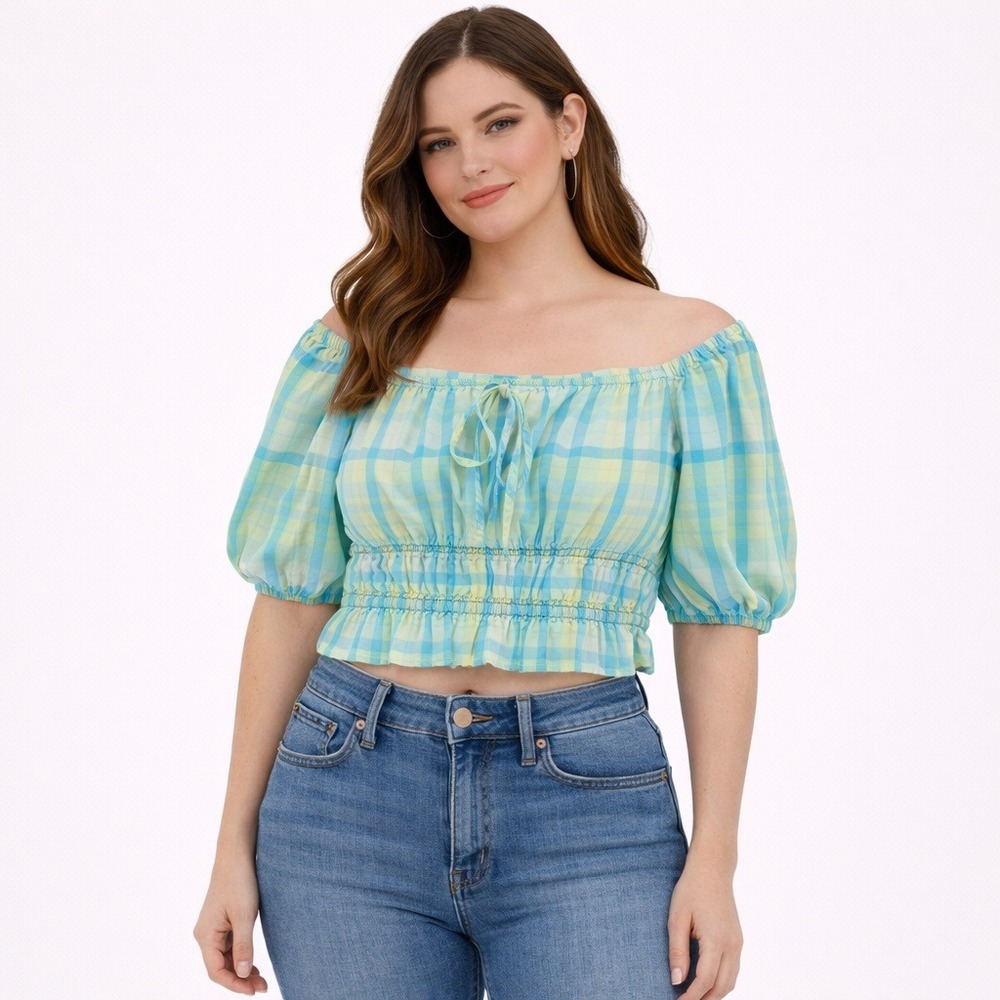 Abound Blue Yellow Plaid‎ Smocked Puff Sleeve Crop Top Sz M Cottagecore Festival